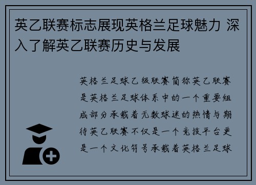 英乙联赛标志展现英格兰足球魅力 深入了解英乙联赛历史与发展