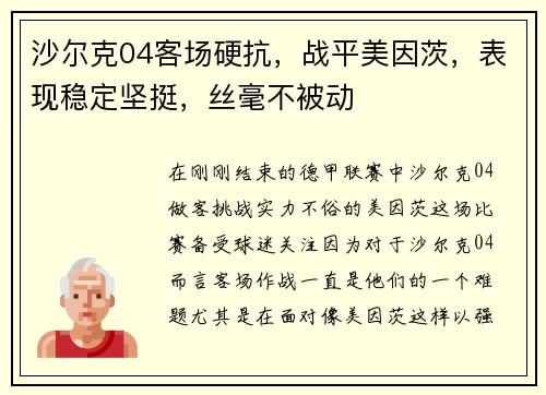 沙尔克04客场硬抗，战平美因茨，表现稳定坚挺，丝毫不被动