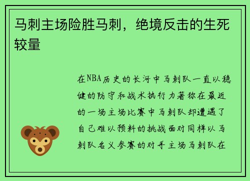 马刺主场险胜马刺，绝境反击的生死较量